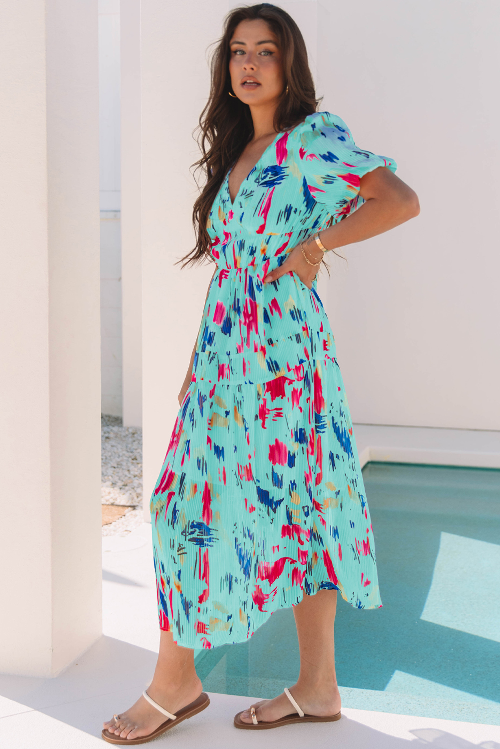 Sky Blue Abstract Print Short Puff Sleeve Tiered Maxi Dress - Image 3