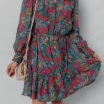 Green Floral Friled V Neck Puff Sleeve Ruffled Shirt Dress