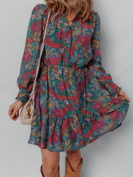 Green Floral Friled V Neck Puff Sleeve Ruffled Shirt Dress