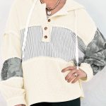 White Waffle Printed Patchwork Drawstring Hooded Long Sleeve Top