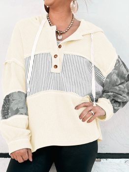 White Waffle Printed Patchwork Drawstring Hooded Long Sleeve Top