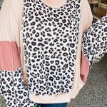 Gray Leopard Color Block Patchwork Reverse Stitch Plus Size Baggy Pullover