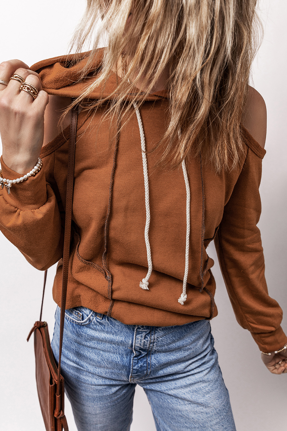 Cinnamon Exposed Seam Cold Shoulder Drawstring Hoodie - Image 3