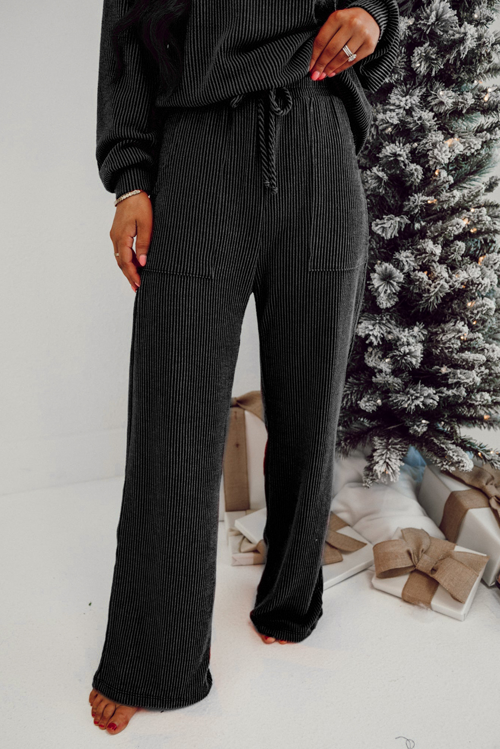 Black JOLLY Corded Long Sleeve Top and Pockets Pants Set - Image 4
