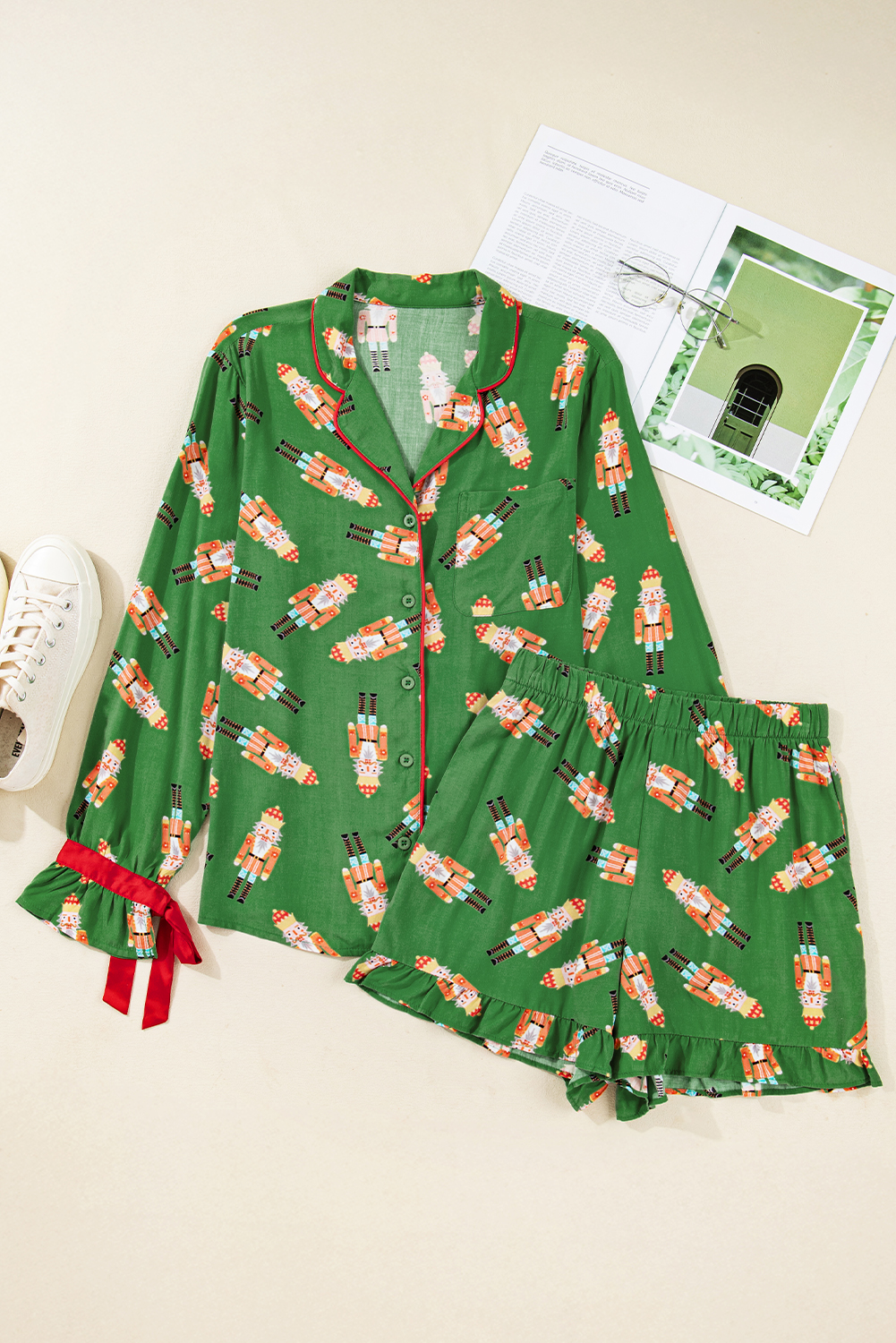 Green Christmas Candy Contrast Trim Bow Knot Silky 2pcs Pajama Set - Image 3
