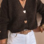 Chicory Coffee Heart Metal Button V Neck Cardigan Sweater