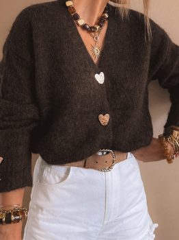 Chicory Coffee Heart Metal Button V Neck Cardigan Sweater