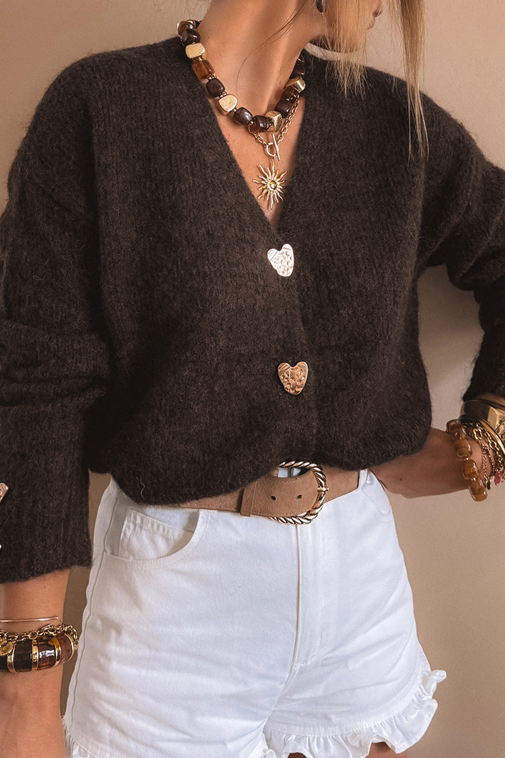 Chicory Coffee Heart Metal Button V Neck Cardigan Sweater