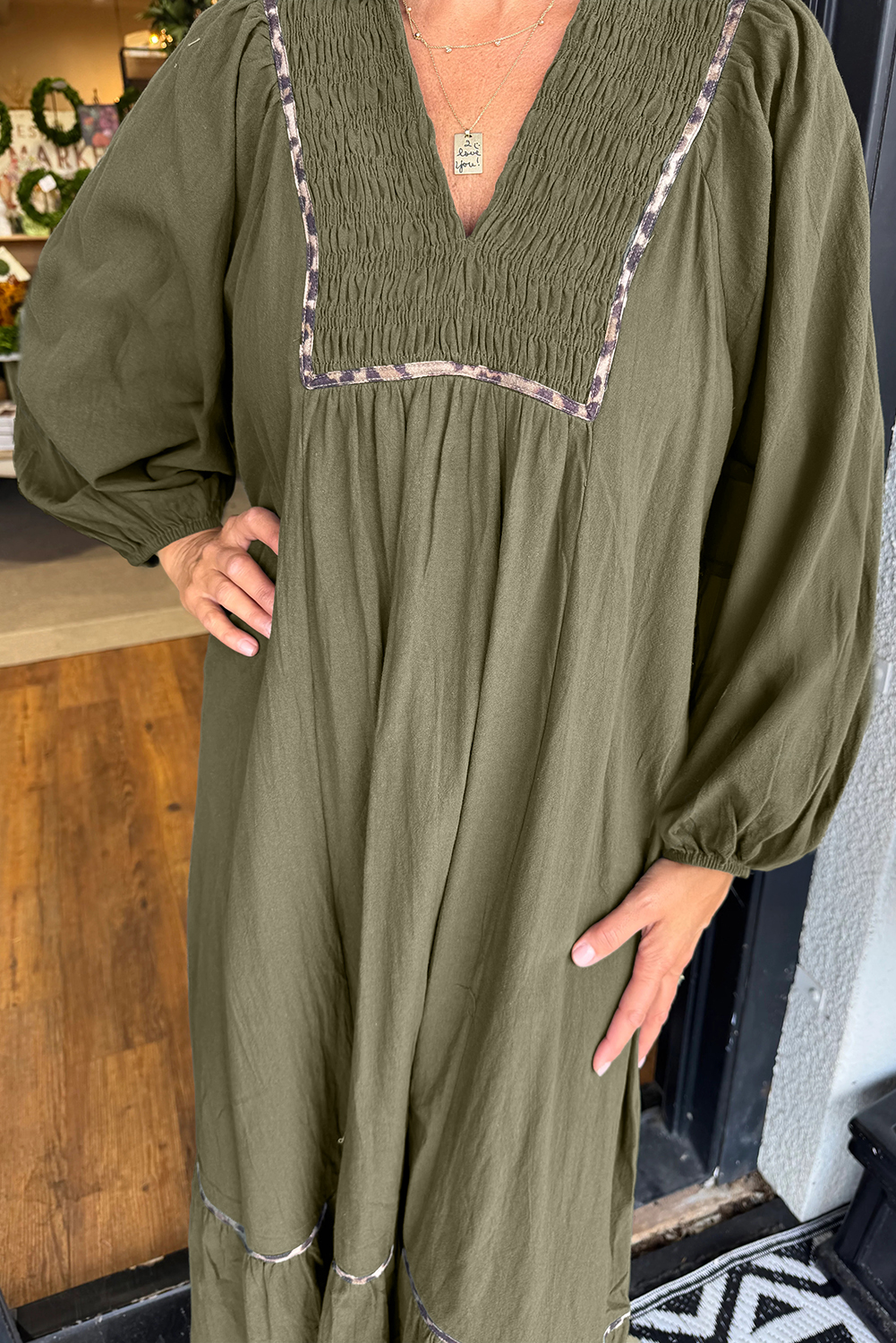 Four Leaf Clover Collared V Neck Smocked Detail Contrast Leopard Trim Bracelet Sleeve Long Dress - Image 2