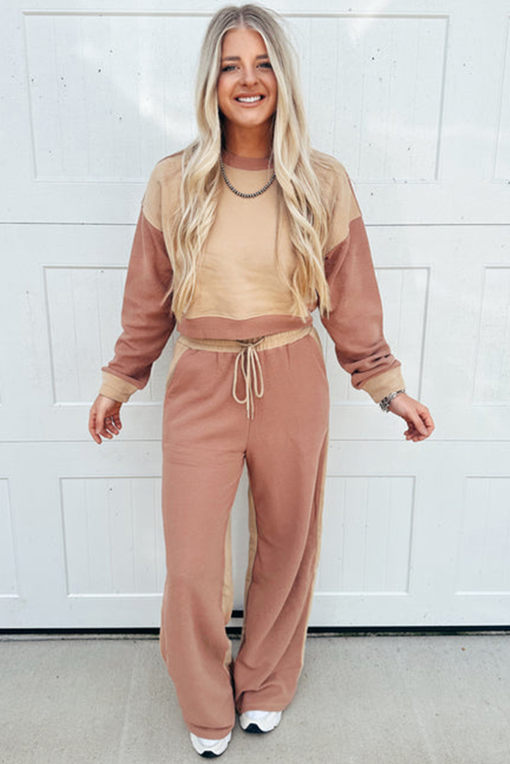 Khaki Color Block Long Sleeve Crop Top Drawstring Pant Set - Image 4