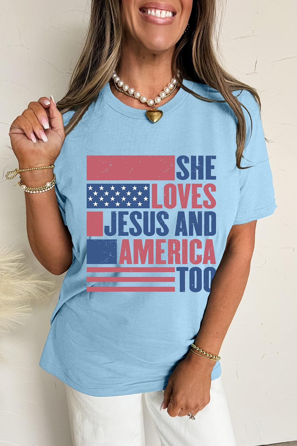 Light Blue SHE LOVES JESUS AND AMERICA TOO Flag Graphic T Shirt - Image 3