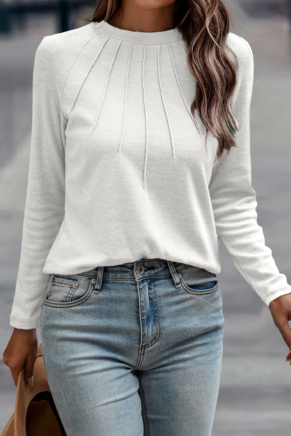 White Solid Color Seam Detail Raglan Long Sleeve Top - Image 3