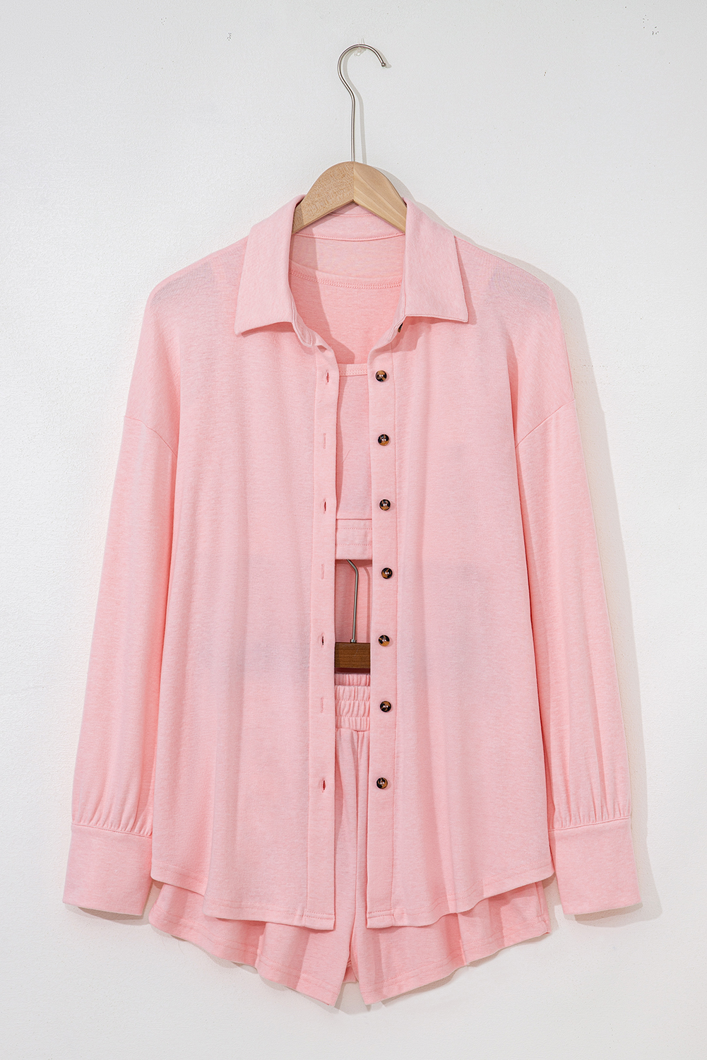 Light Pink 3 Pcs Crop Tank Top Shorts with Cardigan Lounge Set - Image 4