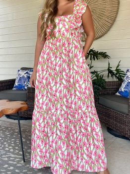 Pink Plus Size Ruffle Trim Square Neck High Waist Floral Maxi Dress