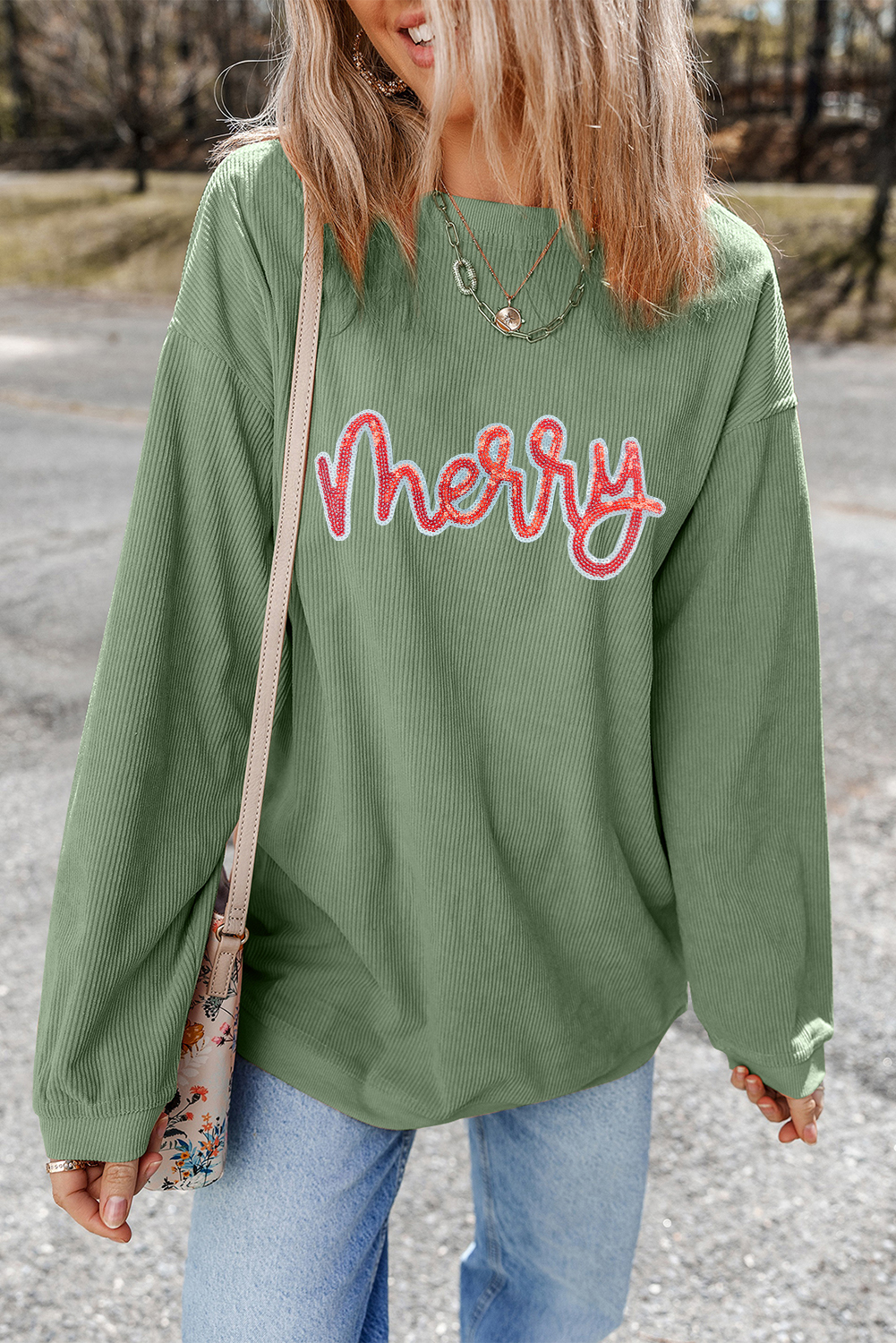 Grass Green Sequined merry Letter Graphic Twisted Ribbed Baggy Sweatshirt - Image 7