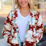 Fiery Red Western Aztec Buttoned Zipper Pockets Fleece Jacket