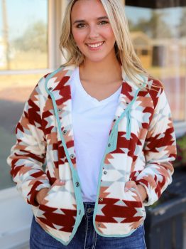 Fiery Red Western Aztec Buttoned Zipper Pockets Fleece Jacket