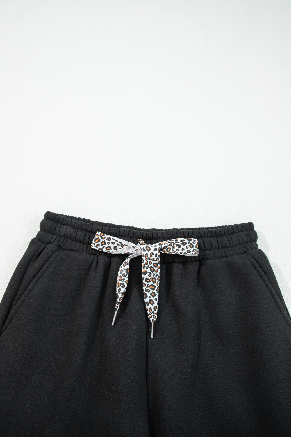 Black Fleece Lined Leopard Drawstring Elastic Waist Solid Pants - Image 8