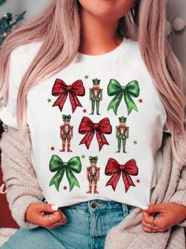 White Bowknot Nutcracker Printed Crewneck Christmas T Shirt
