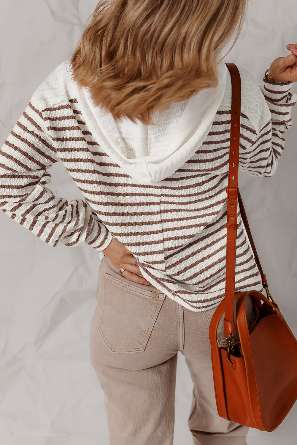 Khaki Stripe Textured Hooded V Neck Casual Long Sleeve Top - Image 2
