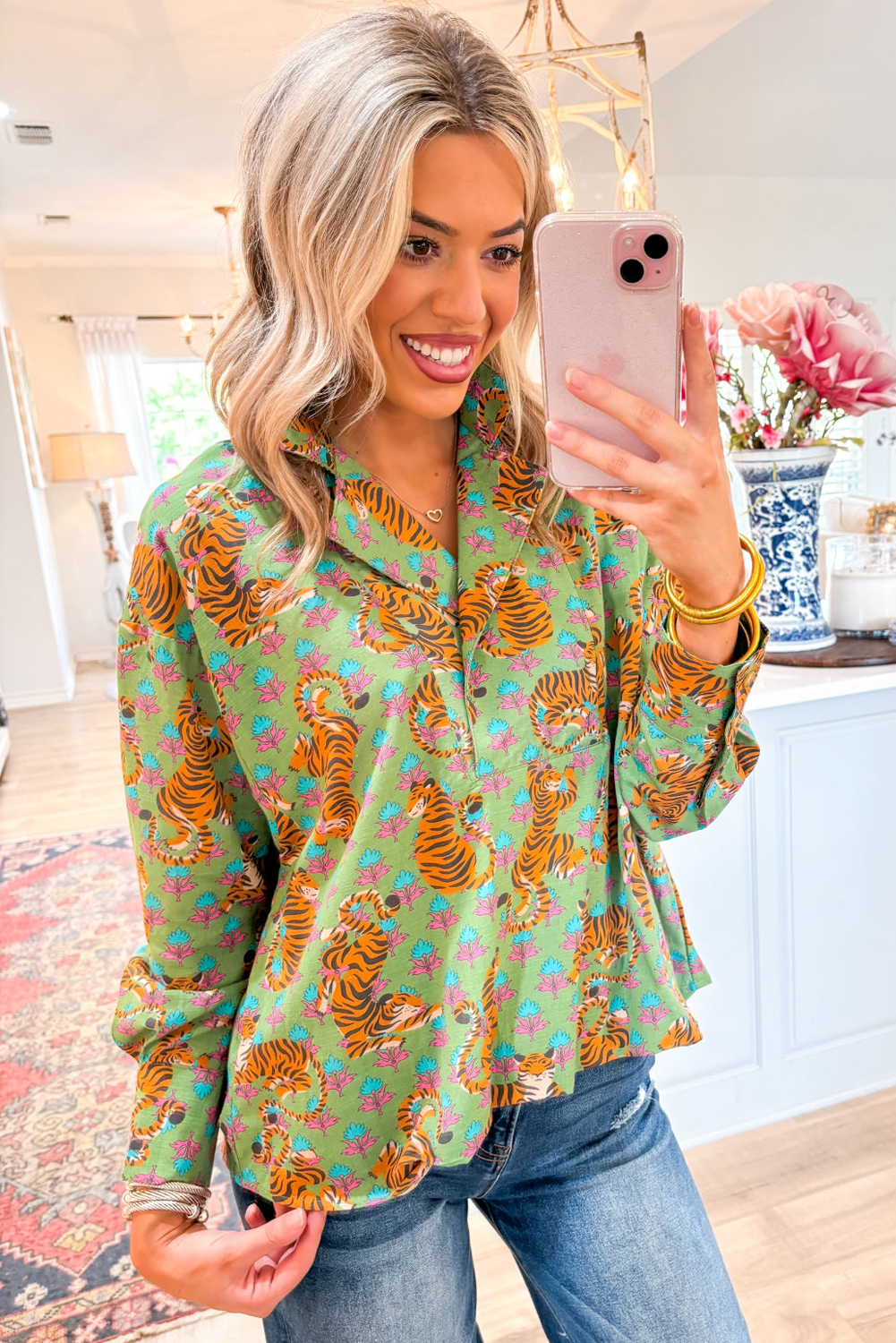 Green Tiger Floral Printed Collared V Neck Casual Shirt - Image 6