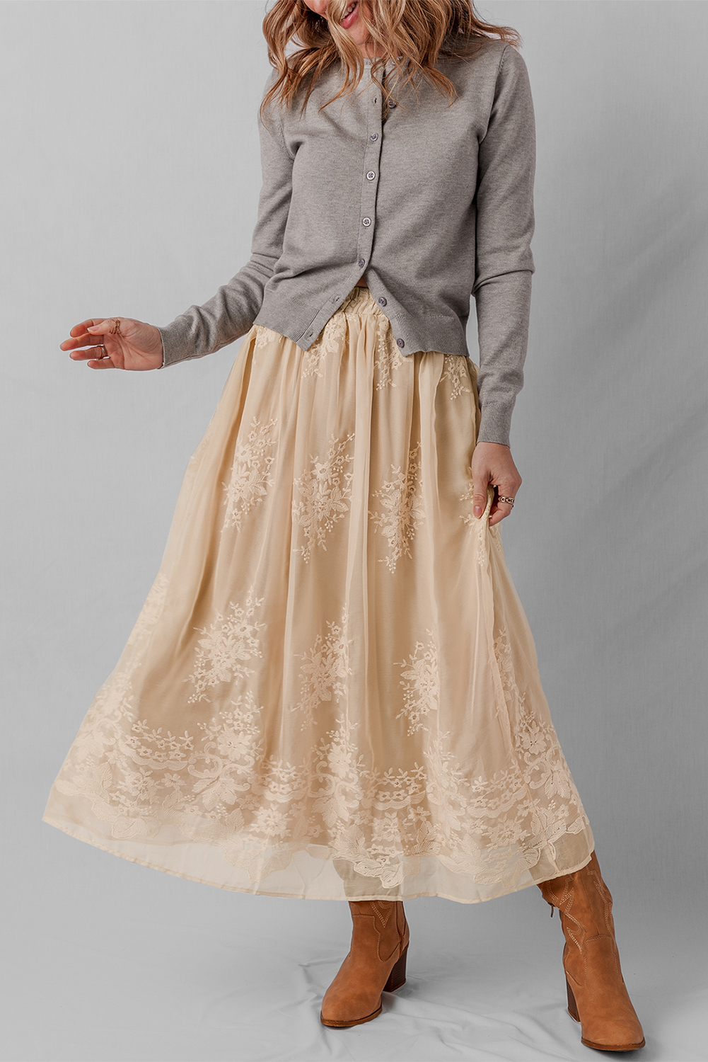 Oatmeal Embroidered Mesh Overlay Flowy Long Skirt - Image 4