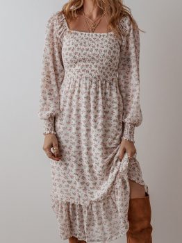 White Floral Print Shirred Ruffled Hem Square Neck Midi Dress