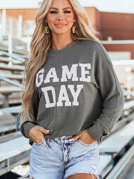 Dark Grey Corded GAME DAY Graphic Long Sleeve Crewneck Top