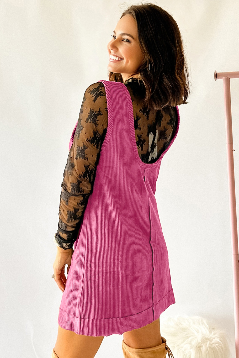 Rose Red Corduroy Sleeveless Mini Dress With Patched Pockets - Image 2