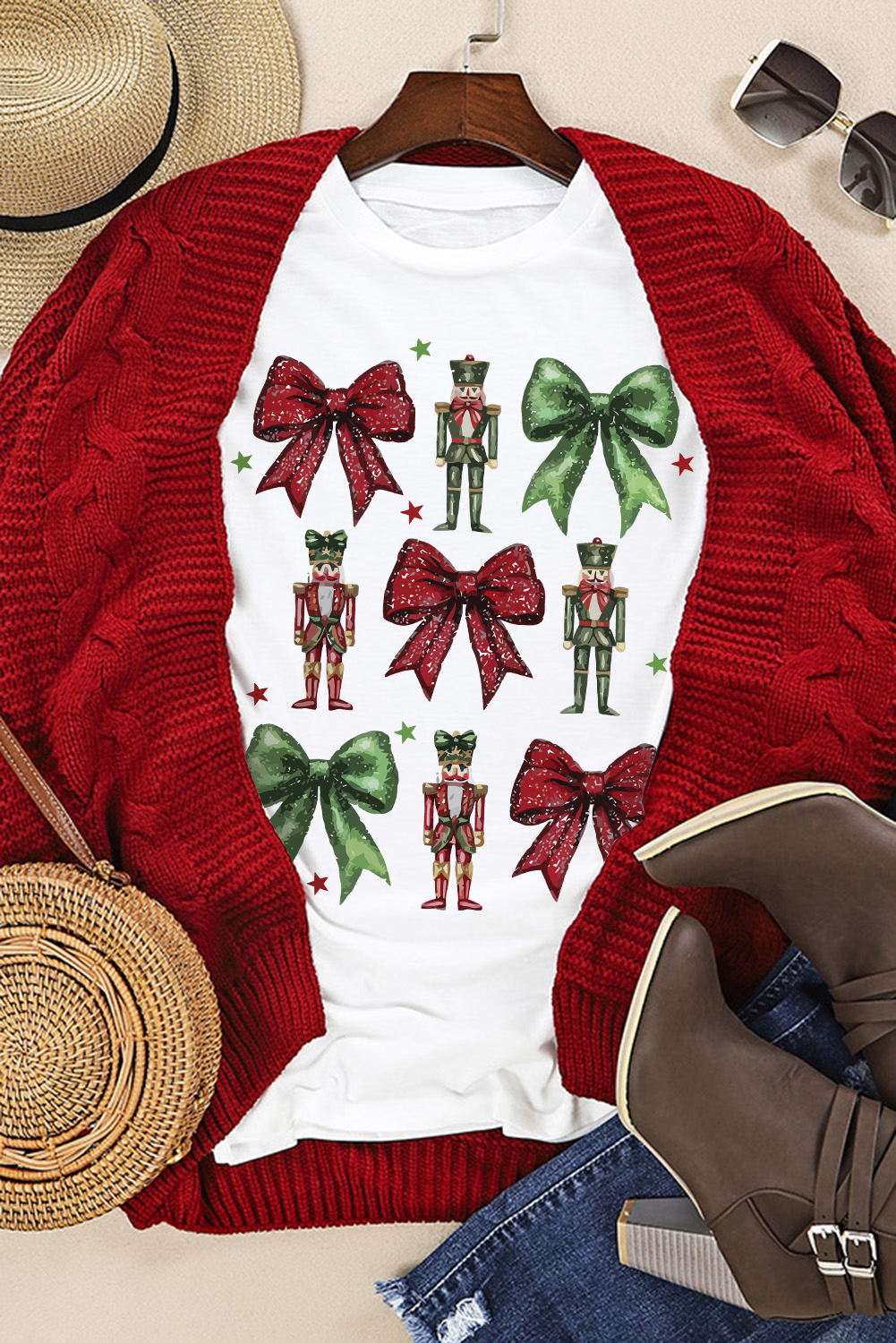 White Bowknot Nutcracker Printed Crewneck Christmas T Shirt - Image 2