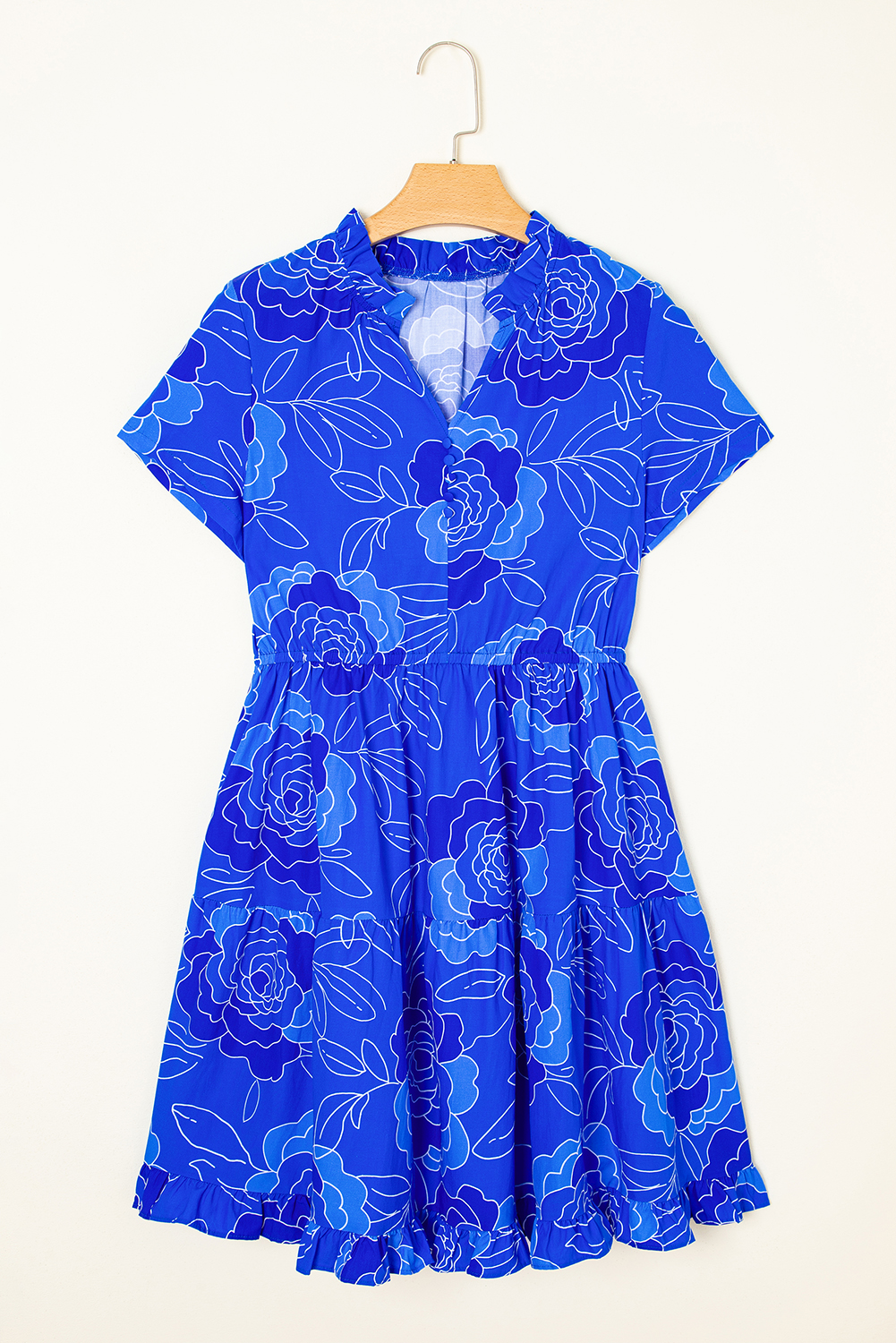 Blue Floral Ruffled Hem V Neck Short Sleeve Flowy Mini Dress - Image 4