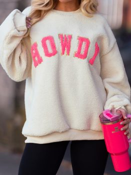 Beige Sherpa HOWDY Patched Pullover Sweatshirt