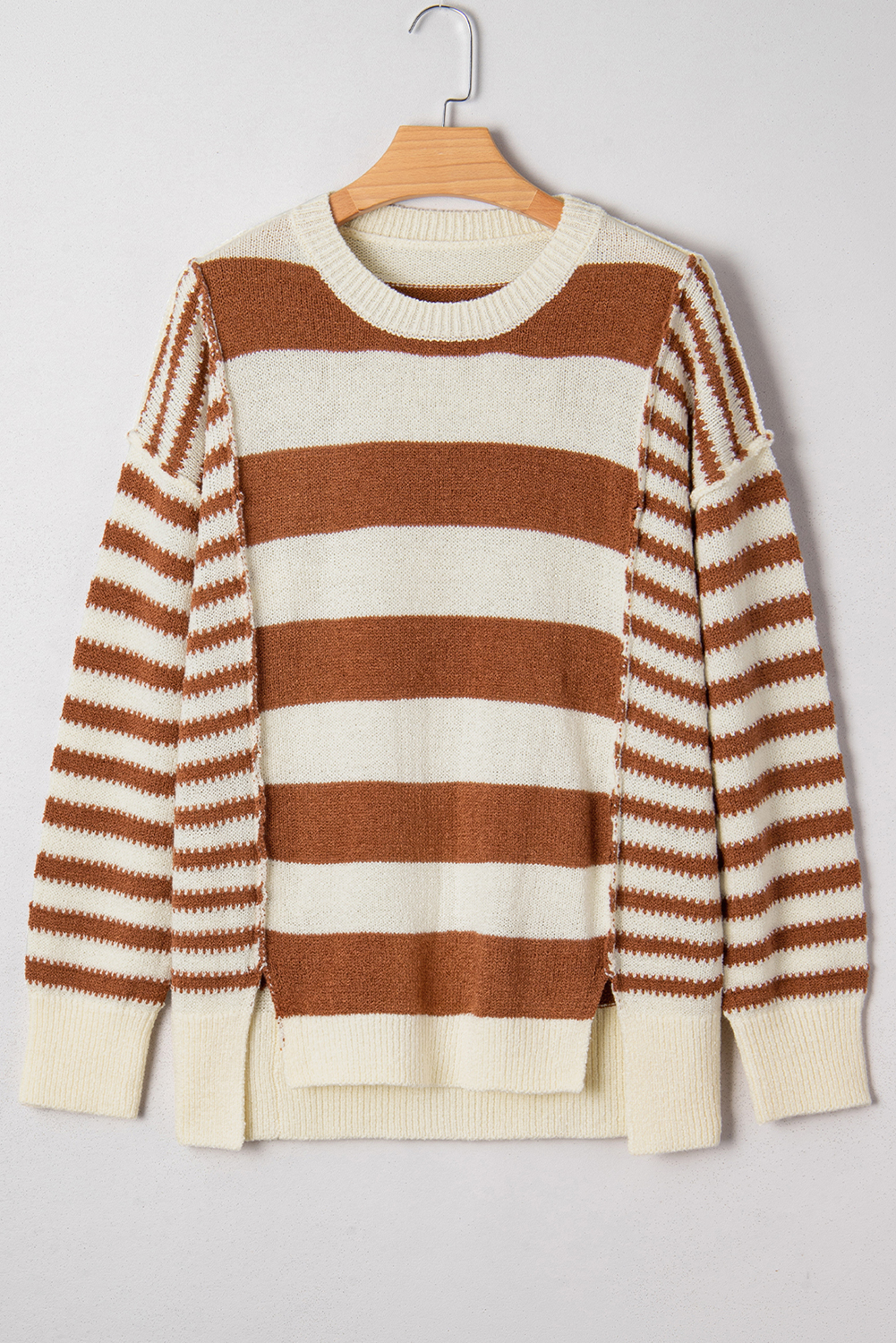 Brown Stripe Drop Shoulder Sleeve Patchwork Baggy Sweater - Image 5