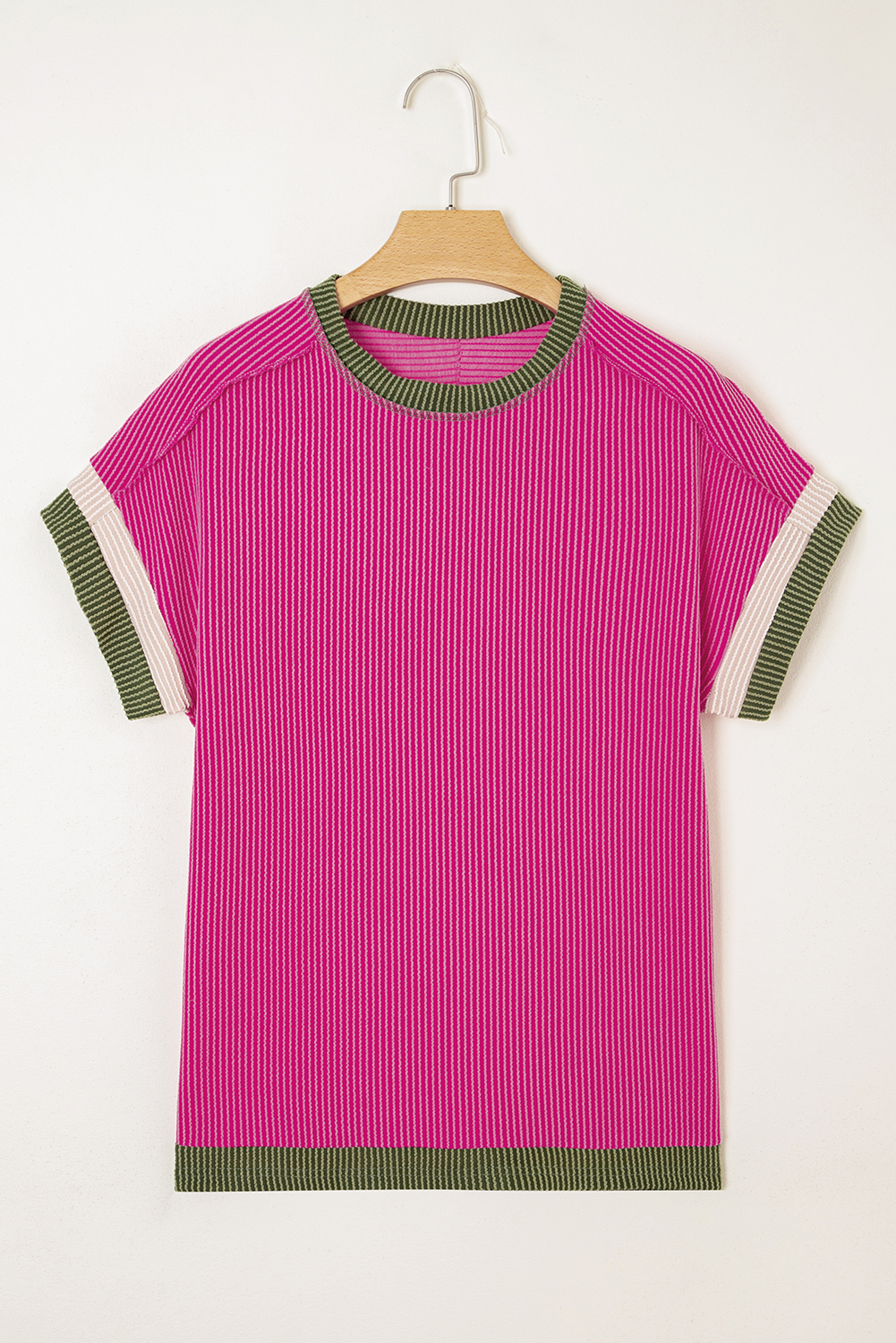 Rose Red Textured Contrast Trim Round Neck T Shirt - Image 6