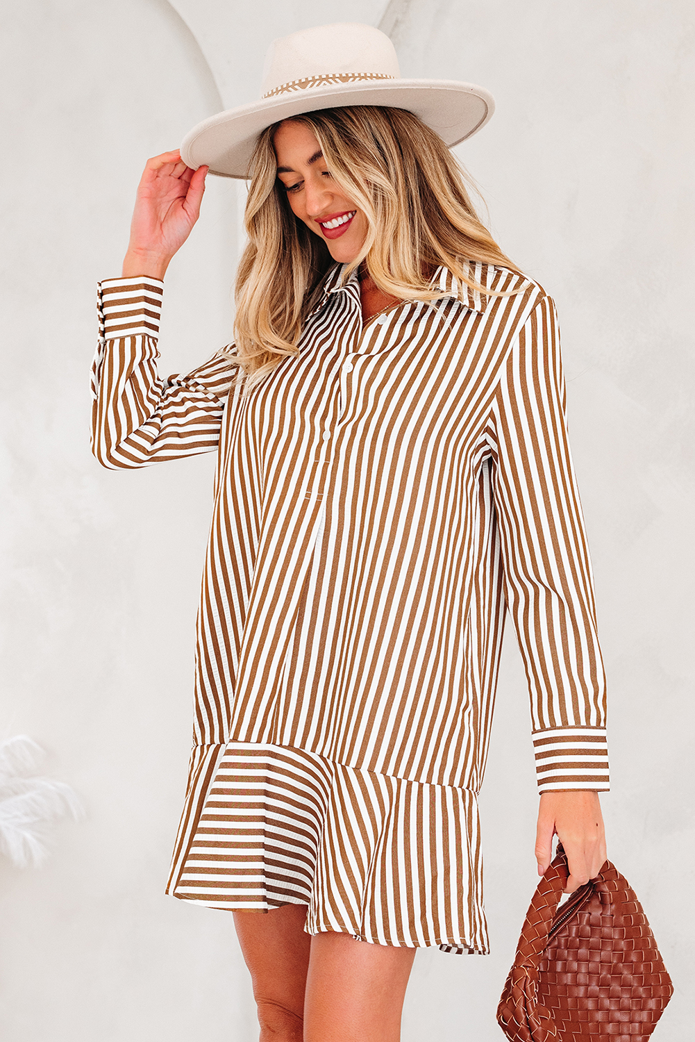 Brown Stripe Ruffled Hem Collared Long Sleeve Shirt Mini Dress - Image 3