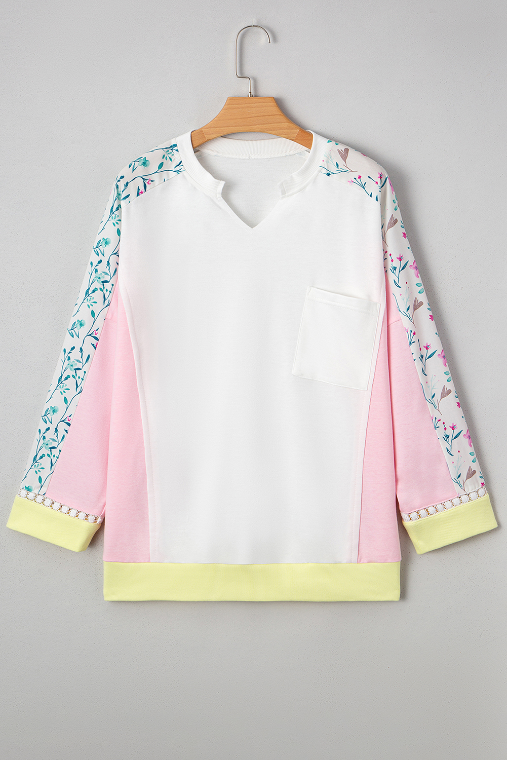 White Floral Colorblock Patchwork Chest Pocket Notched Neck Long Sleeve Top - Image 6