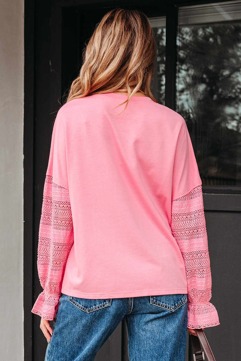 Sachet Pink Drop Shoulder Lace Ruffled Sleeve Patchwork Loose Sweatshirt - Image 2