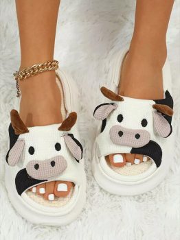 White Cute Cow Pattern Open Toe Slippers