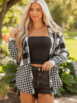 Black Double Plaid Patchwork Drawstring Hooded Shacket