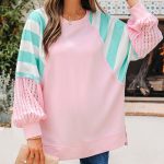 Bonbon Striped Colorblock Patchwork Raglan Pullover Top with Slits