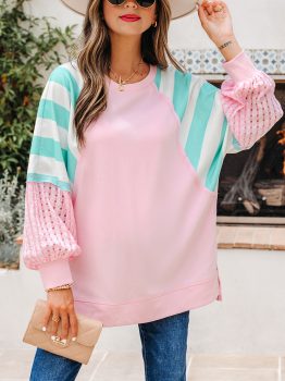Bonbon Striped Colorblock Patchwork Raglan Pullover Top with Slits