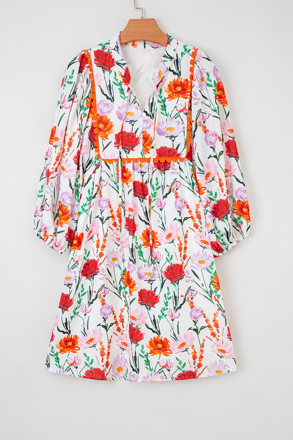 Beige Floral Print 3/4 Puff Sleeve Ricrac Trim Mini Dress - Image 8