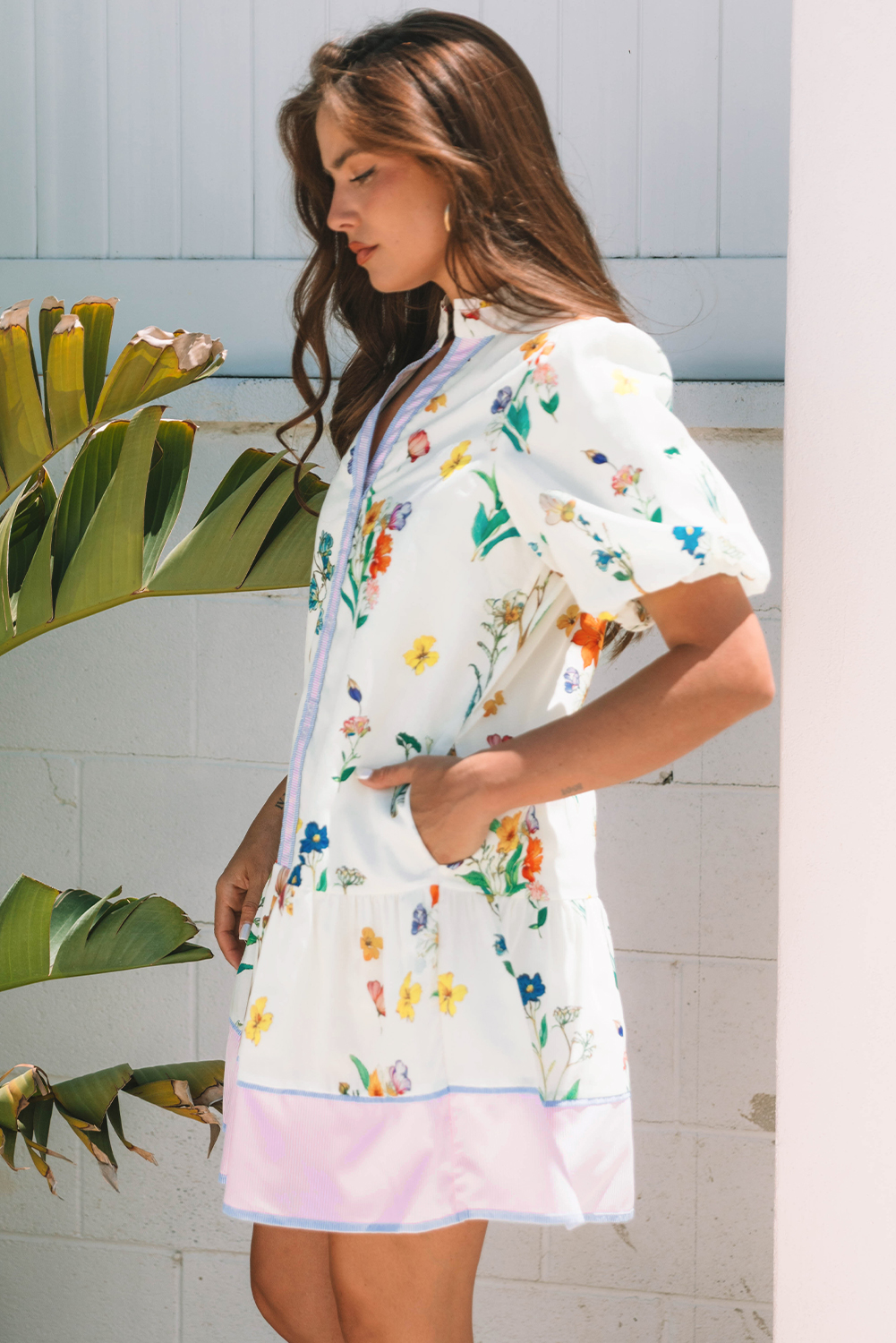 White Floral Print Contrast Striped Patchwork Short Puff Sleeve Dress - Image 3