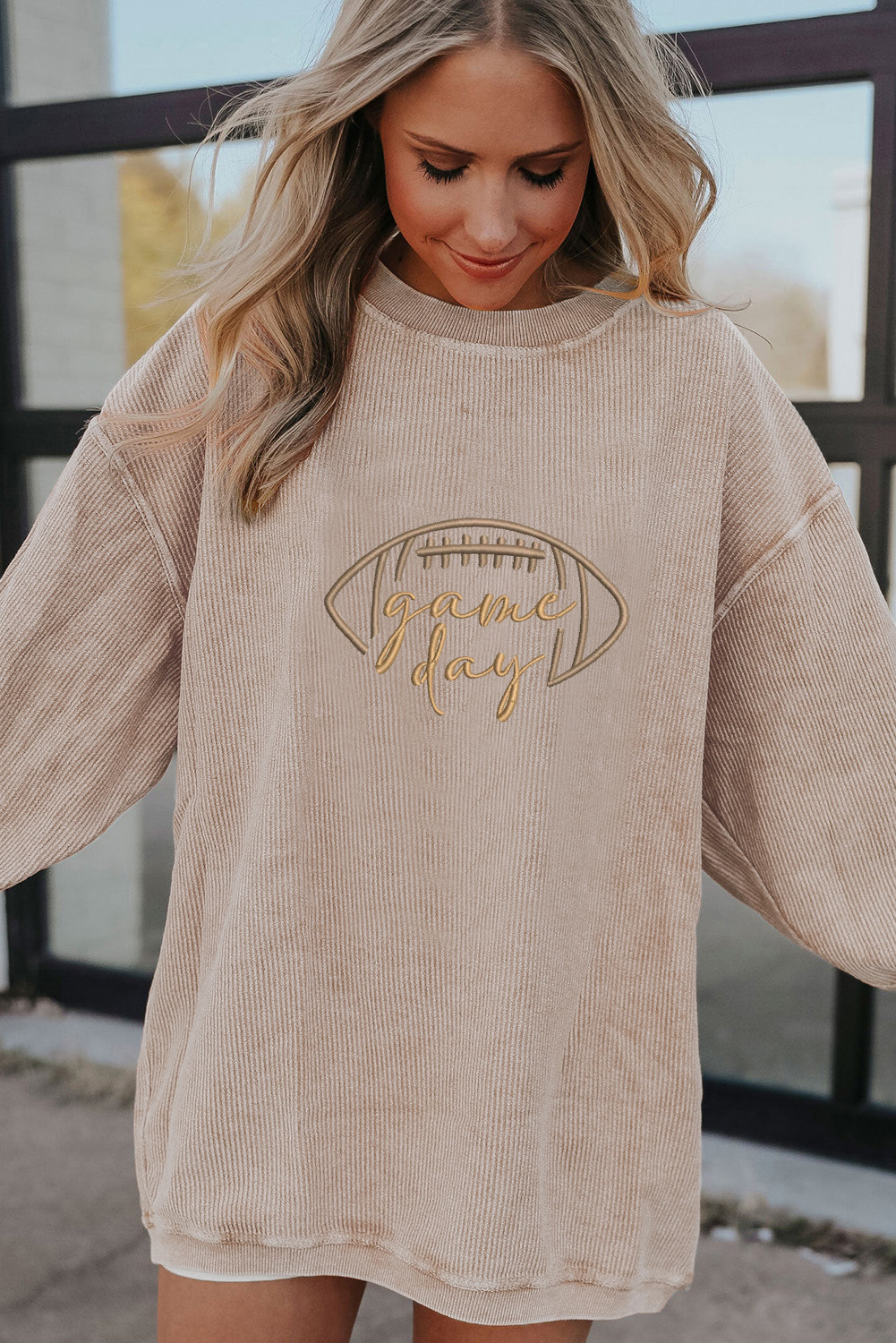 Apricot Rugby Game Day Embroidered Corduroy Sweatshirt - Image 2