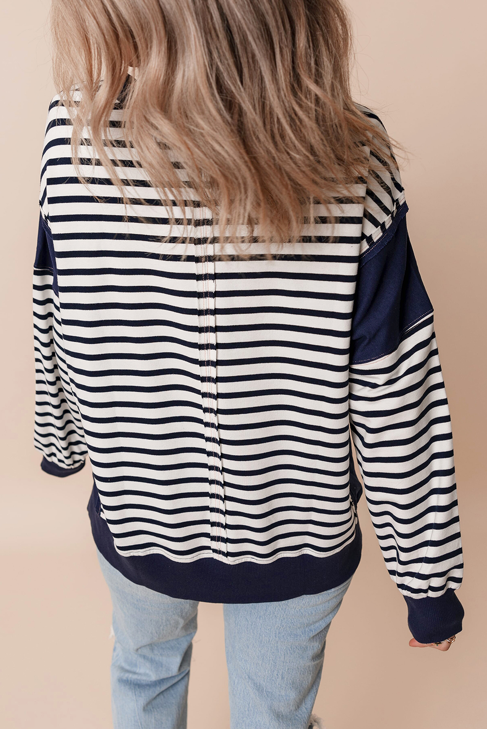 White Stripe Color Block Exposed Seam Loose Fit Sweatshirt - Image 2