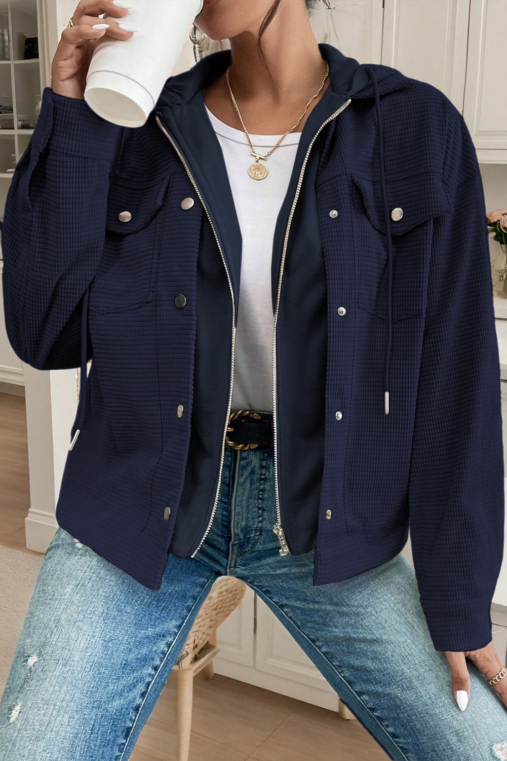 Sail Blue 2 in 1 Thermal Knit Textured Hooded Jacket - Image 3