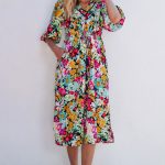 Green Floral Puff Sleeve V Neck Tassel Drawstring Dress