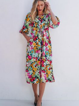 Green Floral Puff Sleeve V Neck Tassel Drawstring Dress