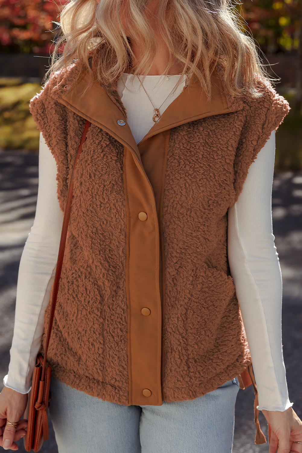 Cinnamon Faux Fur Snap Button Front Knot Side Plush Vest with Pockets - Image 8