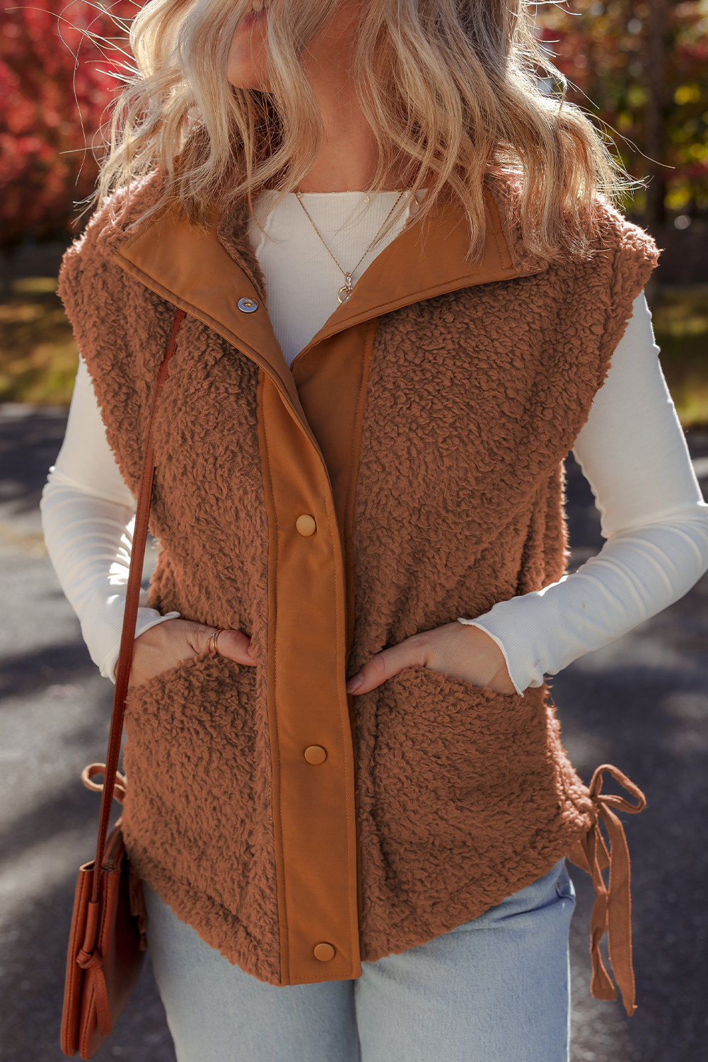 Cinnamon Faux Fur Snap Button Front Knot Side Plush Vest with Pockets - Image 7